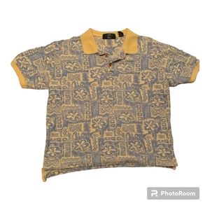 Vintage Orvis Shirt Mens Large Blue Yellow All Over Print Ringer Polo Cotton C2
